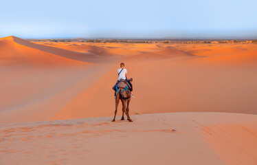 Wall Mural - A woman riding a camel across the thin sand dunes of the in Western Sahara Desert