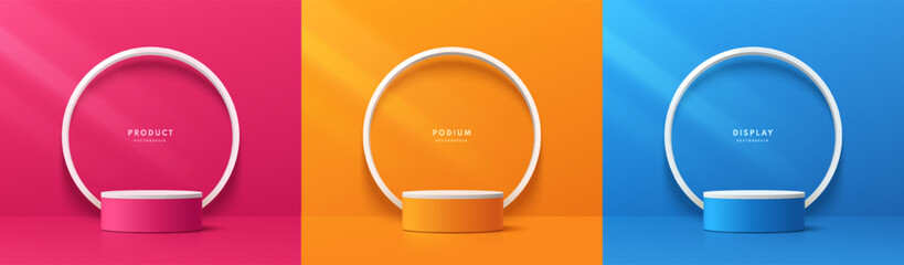 set of 3d cylinder podium background in pink, orange, blue color with white circle leaned on wall sc