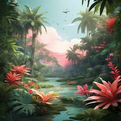 Wall Mural - Beautiful Tropical Forest Background. Summer Scenery for Banners, Posters, Social Media, Web. Generative AI