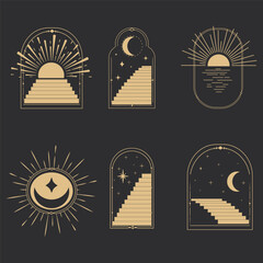 Wall Mural - set arch window line frame celestial, mystic with staircase, astrology symbols moon and sun, line bo