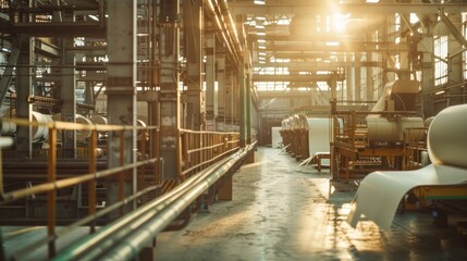 Wall Mural - An industrial factory interior with sun streaming through the windows, highlighting complex machinery and a cluttered walkway.