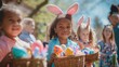 A community event in the grassland with children wearing bunny ears, carrying baskets of Easter eggs. Happy faces, fun leisure activity in the meadow AIG42E