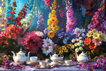 A Colorful Floral Arrangement Is Displayed On A Table With A Teapot And Cups