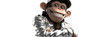 Adorable cartoon primate in shiny silver jacket white background