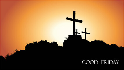 Good friday banner illustration with cross on the hill at the sunset. Good friday and easter template design. 