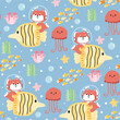 Seamless pattern of cute fox hold big fish with jellyfish in the sea coral background.Wild and sea life animal character design.Marine.Ocean.Summer.Kawaii.Vector.Illustration.