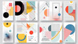 Colorful neo geometric poster. Grid with color geometrical shapes. Modern abstract promotional flyer background vector illustration set. Geometric template poster, brochure neo pattern