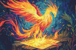 A painting of a large, fiery bird with its wings spread out