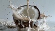 Milk being poured into a halved coconut creating a dynamic splash, set against a neutral background. Refreshing and tropical concept.