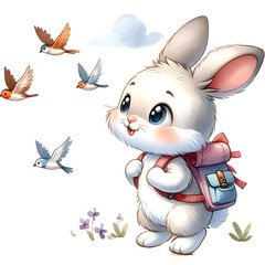 Wall Mural - Cute Playful Bunny with Nature Watercolor clipart