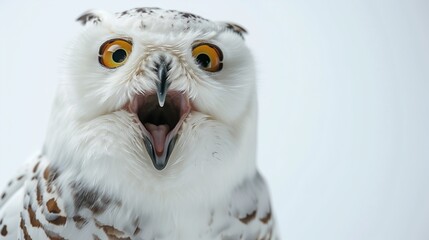 Wall Mural - Surprised snow owl portrait isolated on white background, shocked owl open mouth looking at the camera isolated on white.