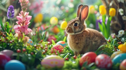 Audubons Cottontail rabbit is hidden in the vegetation next to Easter eggs in its natural environment of grass and flowers AIG42E
