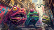 Surreal Colorful Frog Monsters Roaming the City