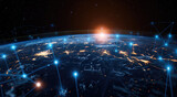 Fototapeta  - A digital rendering of the Earth with glowing blue lines connecting cities across its surface, symbolizing global connectivity and technology's role in connecting remote places