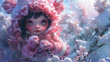 Closeup view little cite girl in snow with beauty background.
