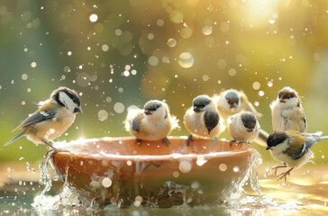 Wall Mural - A group of small birds sitting in the bowl and splashing water, some cute little brown sparrow birdes playing together on summer sunny day, while others enjoying wet dripping droplets on their feather