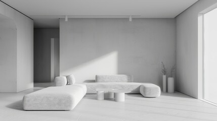 Wall Mural - Minimalistic living room interior with white walls, concrete floor, comfortable sofa and coffee table.