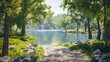 Lush green trees encircle a pristine lake in a sunlit park, where a stone path meanders through the colorful landscape, inviting exploration