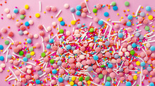 Trendy Pattern Of Colorful Sprinkles For Background Of Design Banner, Poster, Flyer, Card, Postcard, Cover, Brochure Over Pink