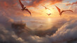 Flock of dragons flying over rolling clouds at sunrise