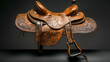 Horse Saddle with leather stirrups hanging with black background, generative ai