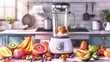 Vibrant Kitchen Scene Showcasing Healthy Smoothie with Colorful Fruits and High Speed Blender