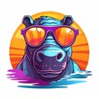 Abstract painting with vibrant colors. Cartoon hippopotamus with sunglasses on white background. AI generated