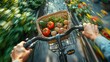 A person rides a bike while carrying a basket filled with fresh vegetables, showcasing sustainable transportation and healthy food choices