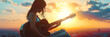 Silhouette of a girl with guitar with in an evening, Sunset Musician with Acoustic Guitar
