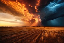 A Dramatic Thunderstorm Over A Prairie Landscape, Dramatic Storm Sunset Clouds Skies Heaven Cloudscape Background, AI Generated