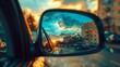 an image in the rearview mirror of a car, clouds in the mirror