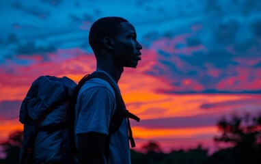 Wall Mural - A man wearing a backpack is standing in front of a beautiful sunset. The sky is filled with vibrant colors, creating a serene and peaceful atmosphere. The man is enjoying the moment