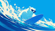 A polar bear is surfing on a blue surfboard