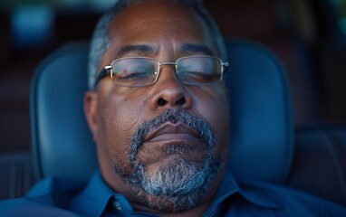 Poster - A man with glasses is sleeping in a car. The man is wearing a blue shirt and has a beard