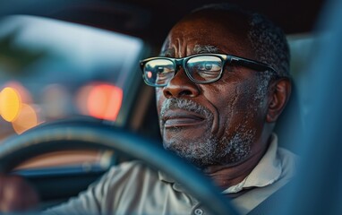 Wall Mural - A man in a car with his head down and his eyes closed. He is wearing glasses and he is in a state of deep thought