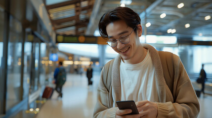 Poster - Handsome man smiling while using his phone at an airport terminal