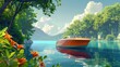 Serene Boat Ride on a Picturesque Lake Surrounded by Lush Landscapes and Verdant Foliage