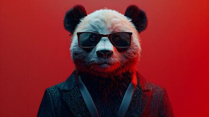 Wall Mural - hyperrealistic panda wearing black cool suit