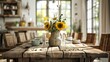 An inviting dining room featuring a rustic wooden table surrounded by woven chairs, adorned with a centerpiece of sunflowers and dahlias in a vintage ceramic jug, radiating warmth and charm