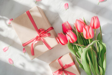 Wall Mural - Spring tulip flowers, gift boxes on color background top view in flat lay style. Greeting concept