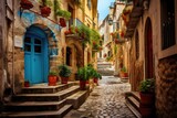 Fototapeta Fototapeta uliczki - A maze of narrow streets in a Mediterranean town and historic buildings,  Ai generated