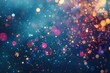 cloud of multicolored particles fly in air slowly or float in liquid like sparkles on dark blue background. Beautiful bokeh light effects with glowing particles for holiday presentations
