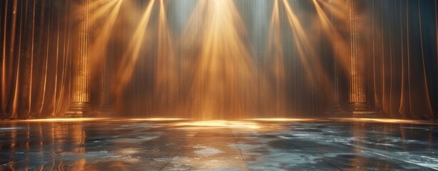 Wall Mural - a golden stage light backdrop with spotlights and rays of light