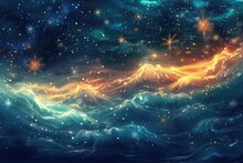 Fantastic Wave Design With Snowflakes And Glowing Stars,snowfall And Stars On Flash Light Rays Backgrounds. Dreamy Winter Weather Theme,glowing Background With Stars


