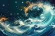 Fantastic wave design with snowflakes and glowing stars,snowfall and stars on flash light rays backgrounds. dreamy winter weather theme,glowing background with stars
