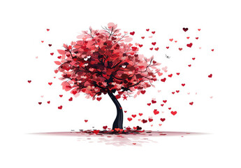 Wall Mural - vector illustration of tree with heart shaped leaves on white background, flying red and pink hearts