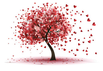 Wall Mural - vector illustration of tree with heart shaped leaves on white background, flying red and pink hearts