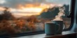 A steaming cup of coffee on a camper's window sill. Generative Ai