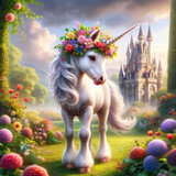 Fototapeta  - Majestic Unicorn with Floral Crown Standing in Vibrant Garden by Enchanting Castle
