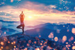Woman practices yoga on background of mountains and sunrise